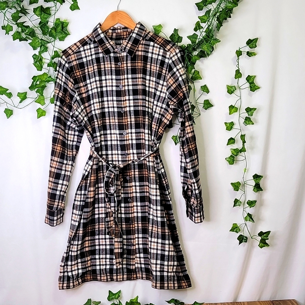 LOFT Plaid Shirt Dress - Black, White, Brown